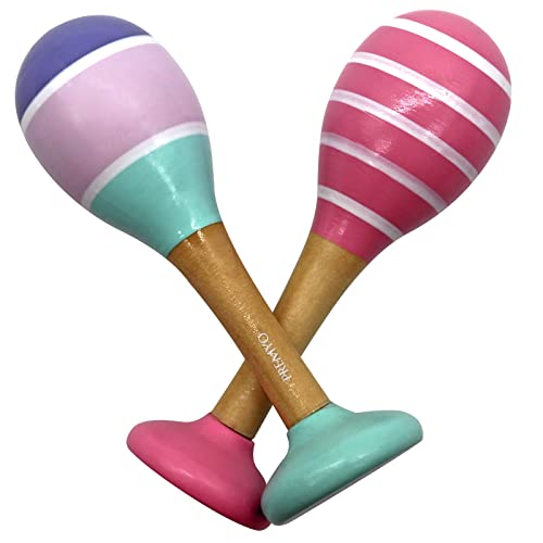 PREMYO Rassel Baby Musik Spielzeug - Holzspielzeug Maracas Babyspielzeug - Streifen Rosa Weiß