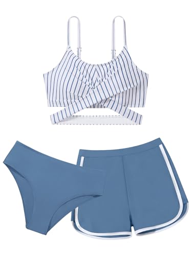Image of Girl's 3 Piece Bikini Set Cross Strap Swimsuits for Girls Bathing Suit with Shorts Teen Swimwear Swimming Suit