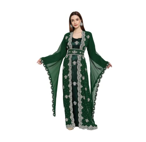 Kaftan For Women Green Dubai Moroccan Abaya Kaftan Hand Beaded Caftan Farasha Jalabiya Arabic Maxi Dress BY ZARDOZI ART (Medium)