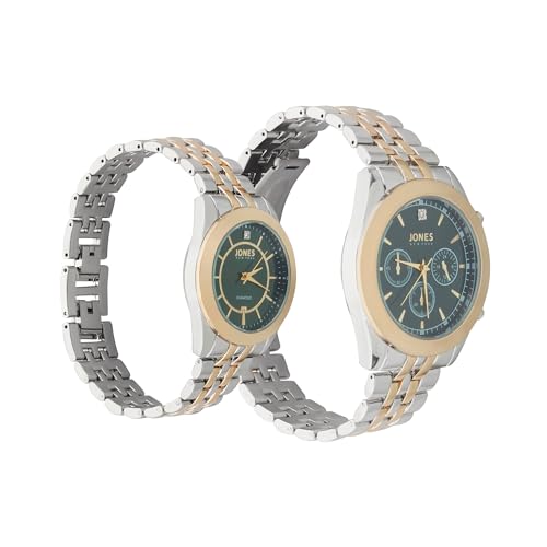 Image of Jones New York Men's and Women's Quartz Movement Shiny Two-Tone Metal Bracelet His and Her Couple Analog Watches Gift Set, M0022S-42-X34, Two Tone, 42mm