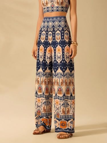 Image of KOTTY Women's Boho Printed Wide-Leg Trousers for Casual and Resort Wear