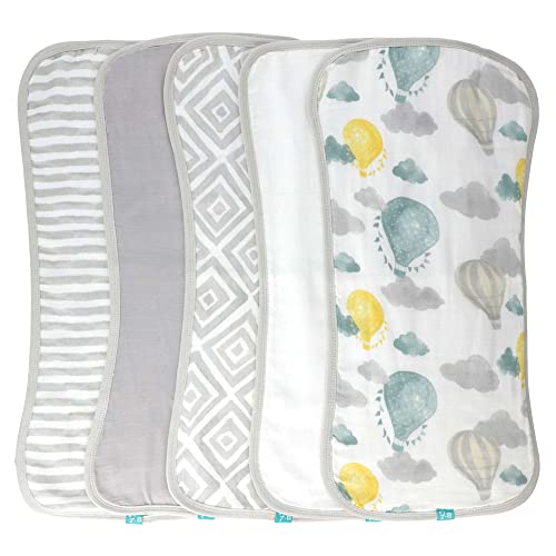 Image of Featherhead™ 5-Pack Muslin Burp Cloths for Baby Boy & Girl - Neutral Large 22" X 11" - Ultra Soft & Extra Absorbent Cotton Terry Backing (Green Balloons)
