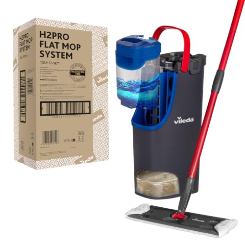Vileda H2PrO Flat Mop sistema lavapavimenti a piastra piatta, con secchio lavapavimenti a doppia serbatoio, separa acqua pulita e sporca, 1,2 L per 60 m², compatto e salvaspazio, uso con una mano