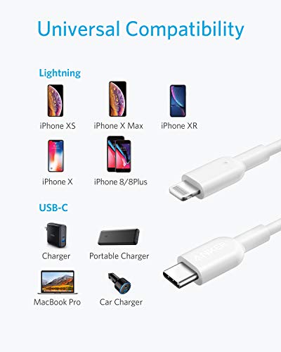 Image of Anker USB C to Lightning Cable, MFi Certified Cable for iPhone 13 Pro 12 Pro Max 12 11 X XS, Supports Power Delivery (10FT, 2-Pack, White)