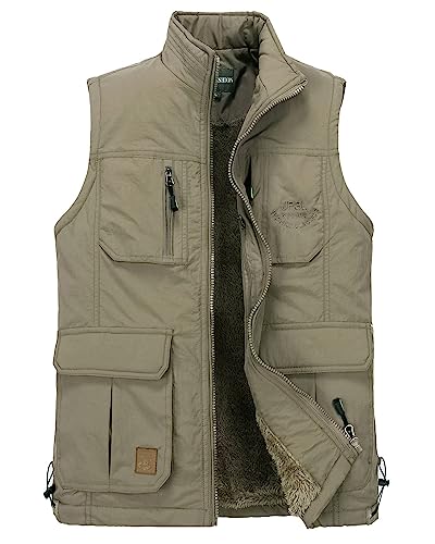 KTWOLEN Chaleco de Forro Polar Fotografia para Hombre con Cremallera Invierno Cálido Hombre Chalecos Deportivos Chaqueta sin Manga Otoño Chalecos Exteriores con Multibolsillos, B-Caqui, L