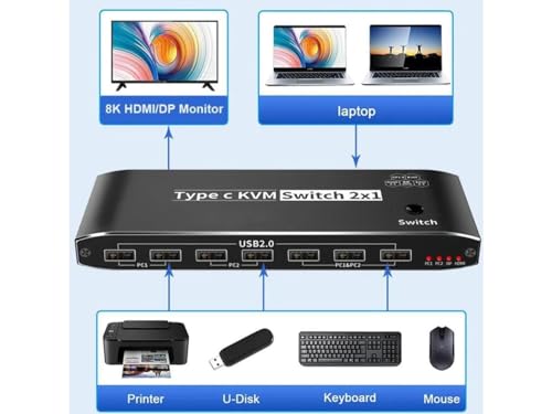 Image of MICROWARE 2X1 USB-C KVM Switch 2 PCs Share 1 Monitor + 3 USB Devices + 3.5mm Audio, 8K@60Hz USB C KVM Switch 100W PD, 2 Channel Type C PC to one HDMI /DP Output