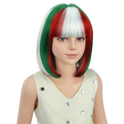 Image of PATTNIUM Girls Green White and Red Bob Wig Kids Christmas Short Straight Wig with Bangs Cosplay Party Synthetic Rose Net Daily Wear Wig