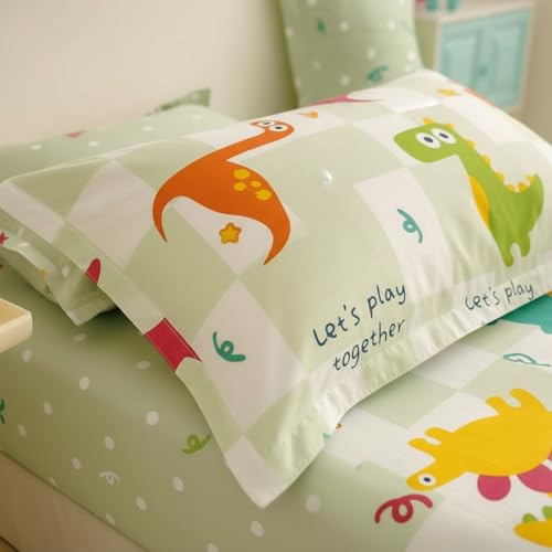 Image of Filymore Kids Dinosaur Bedsheet Single Bed | Cartoon Dino Print | 240 TC Microfiber | 90x60 inches | 1 Bedsheet + 1 Pillow Cover | Green & White