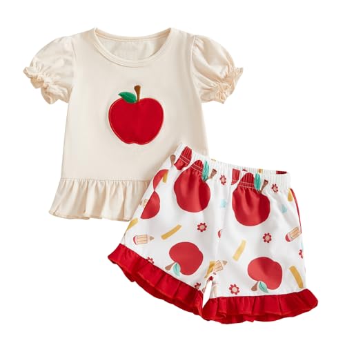 Bonangber Girls Summer Outfits Apple Embroidery First Day of School Shirt Top Ruffled Shorts Set Cute Toddler Girl Summer Clothes(A-Red Apple,5-6T)