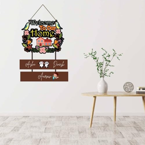 Image of Webelkart Premium Wooden Welcome To Our Home Customised Wall Hanging Name Plate For Home Entrance outdoor, Wooden Hanging House Name Plate - (16 x 10 inches)