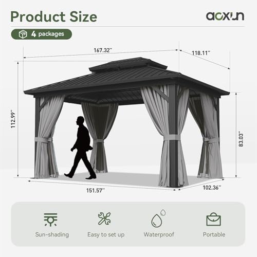 Aoxun-10×14-Hardtop-Gazebo-Aluminum-Frame-Canopy-with-Double-Galvanized-Steel-Roof-Outdoor-Metal-Pavilion-with-Netting-Curtains-for-Backyard-Patio-and-Deck Aoxun 10×14 Hardtop Gazebo Aluminum Frame Canopy with Double Galvanized Steel Roof Outdoor Metal Pavilion with Netting Curtains for Backyard Patio and Deck