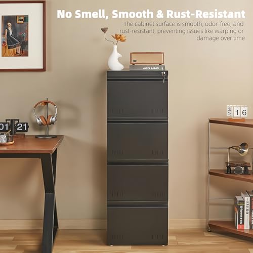 Image of Guizeeopo Metal File Cabinet with Lock, Vertical 4 Drawer File Cabinets for Home Office, Heavy Duty Office Storage Cabinet for A4 /Letter /Legal Size, Assembly Required(Black)