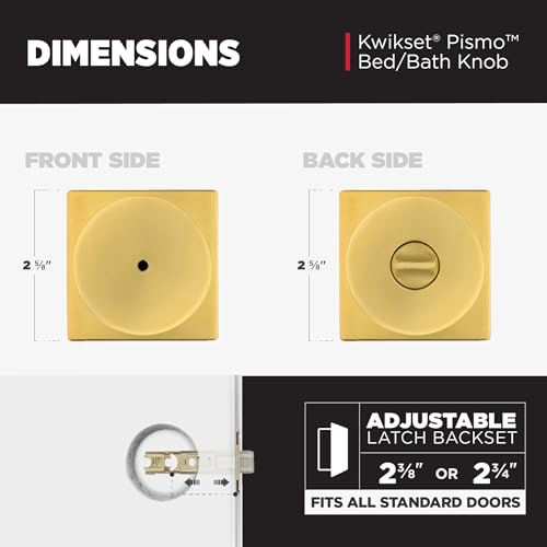 Kwikset Pismo Interior Privacy Door Knob with Lock, Door Handle for Bathroom and Bedroom, Satin Brass, Square, Keyless Turn Lock Doorknob, Microban Protection by Kwikset - Used condition - Image 8