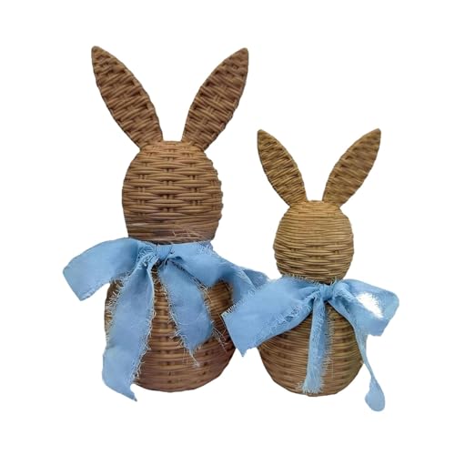 2 Figurines Lapins de Pâques tressés main déco table bleue - 7