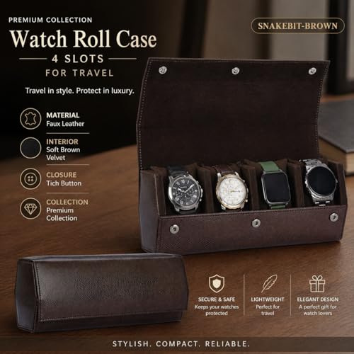 Image of essart Premium 4 Watch Roll Organizer - Leather Travel Watch Case with Soft Velvet Interior, Secure Button Closure, Luxury Watch Storage