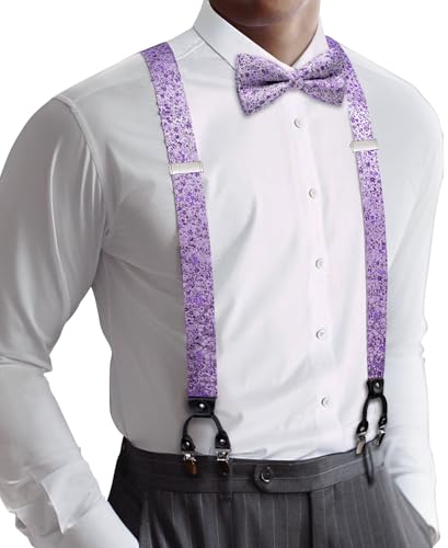 Image of YOHOWA Men Suspenders 6 Clips Strength Adjustable Y Braces Pre-Tied Bow Tie Set Formal Wedding Party