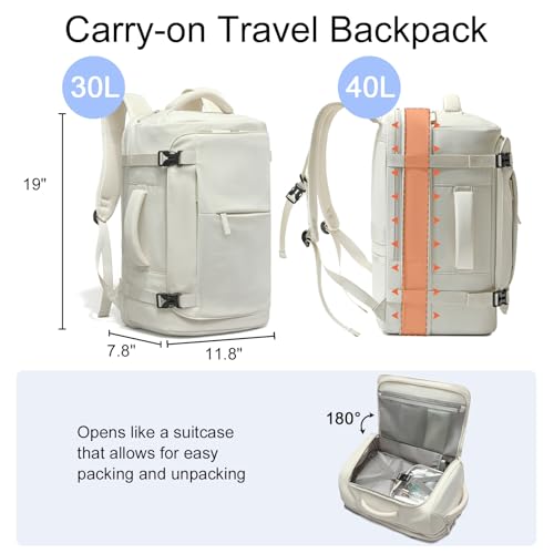 CAMTOP 40L Travel Backpack for Women Men, Lightweight Carry on Backpack for Flight Approved Expandable Personal Item Travel Bag with Makeup Bag Water Resistant Luggage Fits 17.3" Laptop (Beige)3
