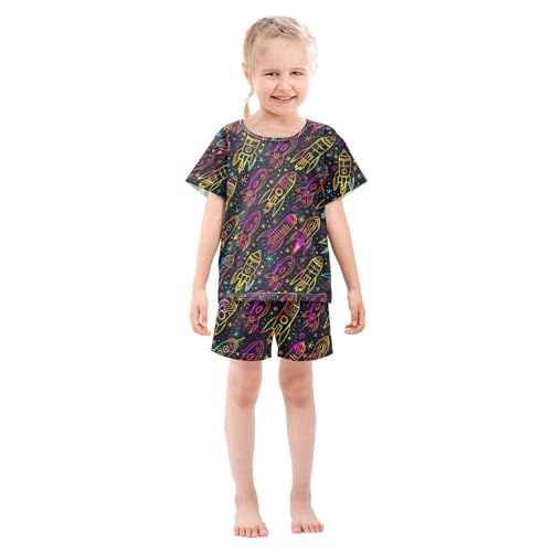 ALAZA Neon Space Starry Pajamas Set Short Sleeve Cotton Sleepwear Summer Pjs 2 Piece 5-14Y3