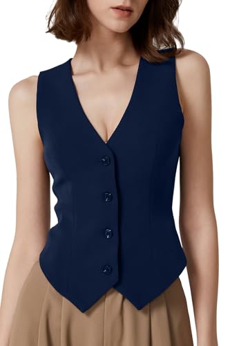 QINSEN V Neck Vest for Women Button Up Sleeveless Lined Fashion Casual Crop Waistcoat Navy L