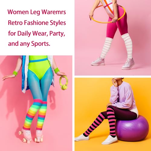 Image of Benefeet Striped Leg Warmers for Women & Girls - Ribbed Knit Soft Colorful Long Warmers for 80s 90s Dance Party