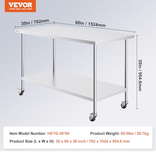 Image of VEVOR Stainless Steel Work Table 30 x 60 x 38 Inch, with 4 Wheels, 3 Adjustable Height Levels, Heavy Duty Food Prep Worktable for Commercial Kitchen Restaurant, Silver