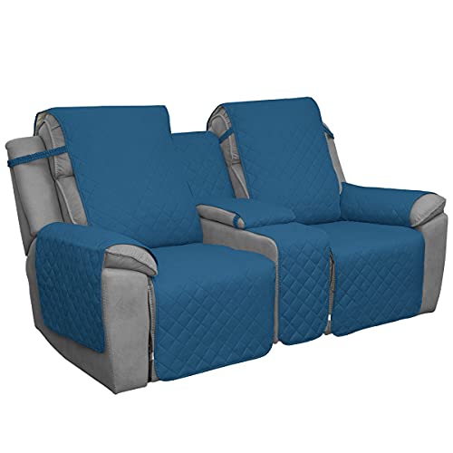 Image of Easy-Going Loveseat Recliner Cover with Console, Reversible Couch Cover for Living Room, Split Sofa Cover for Each Seat with Elastic Straps for Kids, Dogs, Pets(2 Seater, Peacock Blue /Beige)