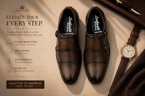 Image of Men's Double Monk Strap Formal Shoes | Cap Toe Design, Polished Upper, Soft Cushioned Insole, TPR Outsole, Slip-On Formal Shoe for Men Office Dress, Party & Wedding Footwear