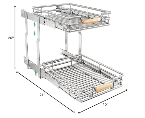 Image of Pull out Cabinet Organizer, 2 Tiers 15 inchW X 21 inchD, Heavy Duty Smooth Sliding Under Cabinet Shelves for Pots and Pans, Full-Extension Roll out Drawers, Slide out Organization for Home Kitchen Pantry