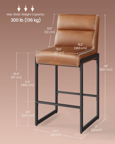 Image of VASAGLE Bar Stools Set of 2, Counter Height Chairs with Backs, 26.4-Inch | Transitional Barstools, Synthetic Leather with Stitching, Caramel Brown and Ink Black, EKHO Collection ULBC116KN01S