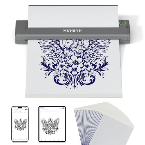 MUNBYN Tattoo Drucker Bluetooth, Stencil Drucker, Tattoo Printer Thermodrucker mit 20 Blatt A4 Transferpapier, Kompatibel mit Android iOS macOS Windows, ITP05, Grau