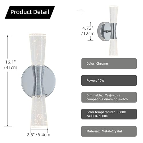 Image of JoollySun Crystal Wall Sconces Indoor: Dimmable 3-Color (3000K-6000K) LED Bathroom Lighting for Hallway Bedroom