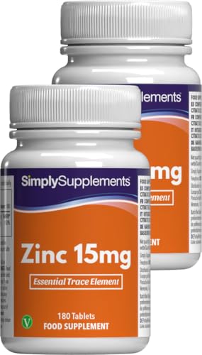 Zinc 15mg | Potencia 150% VRN | 360 Comprimidos Fáciles de Tomar | 12 Meses de Suministro | Apoya el Sistema Inmunitario, el Cabello, la Piel y la Fertilidad | Vegano y Vegetarian | Simply Supplements