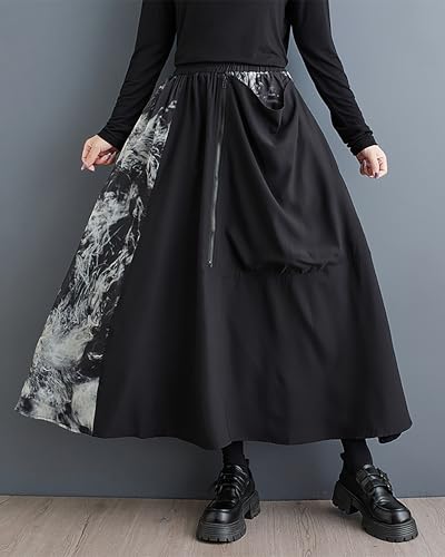 Women's Skirt Elastic Waist Zipper Pocket Ink Pattern Patchwork Flowy Hem Loose Oversize GZ300 A4