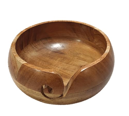Image of Handmade Acacia Wood Yarn Bowl - Large Knitting & Crochet Holder for Tangle-Free Crafting - 6.5 inch x 3 inch (Natural Finish) - Gift for Knitters & Crocheters