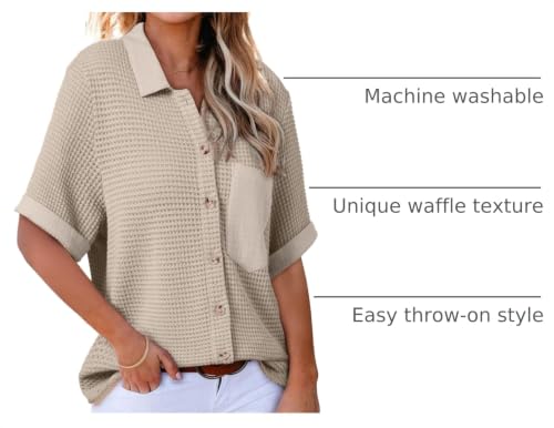Image of Astylish Womens Waffle Knit Button Down Shirts Tops Casual V Neck Short Folded Sleeve Dressy Blouses