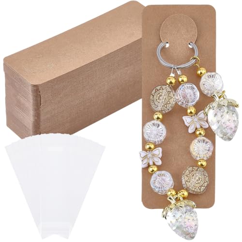 SOFPLATE 120 Stück 5.12 x 1.77 Zoll Schlüsselanhänger Display Verpackungspapier Schmuckdisplaykarten Mit 120 Beuteln Leere Rechteckige Anhängerhalter Aus Burlywood Für Schlüsselanhänger Und Halsketten