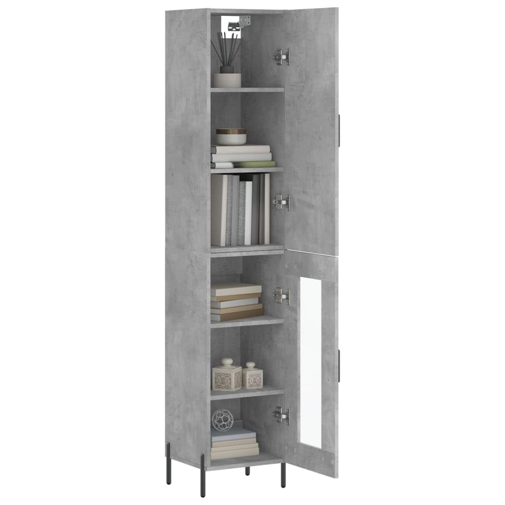 Générique Bufet wysoki szary betonowy 34,5 x 34 x 180 cm z drewnianymi drzwiami i metalowymi nogami, duża przestrzeń do przechowywania do organizacji codziennych niezbędnych rzeczy.