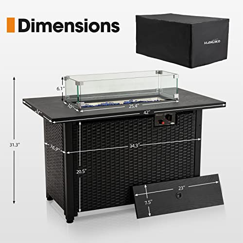 42 Inch Outdoor Propane Gas Fire Pit Table, 50,000 Btu Auto-Ignition Gas Firepit With Glass Wind Guard, Alloy Wood Grain Tabletop By Hanliko-Black #TOP6