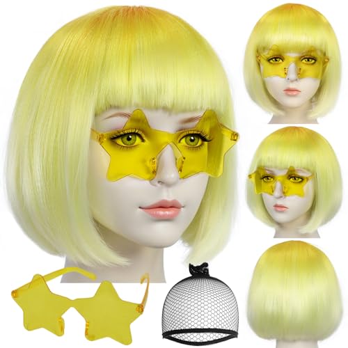 Image of ANOGOL Hair Cap + (Sunglasses) Yellow Gradient Bob Wig with Bangs Womens Party Wigs with Star-Shaped Glasses Short Neon Wig Daily Party Fun Wigs Women Halloween Costume Bachelorette Hair