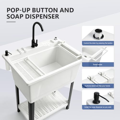 Image of Vingli Freestanding Utility Sink with Faucet, 36 inch Heightened Basin for Laundry, Garage, Outdoor Garden, Pet Wash, Heavy Duty Plastic Laundry Tub with Storage Shelf (White, 32 inchLx24 inchWx36 inchH)