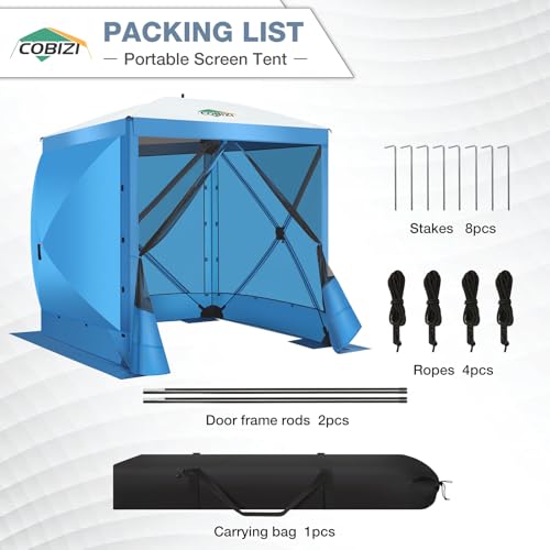Image of COBIZI 6x6FT Pop Up Gazebo Screen Tent Screen House for Camping, Screen Room with Sidewalls and Mosquito Netting, Hub Tent Instant Screened Canopy with Carrying Bag and Ground Stakes, Blue