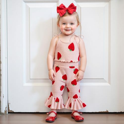 Strawberry Outfit Baby Girl Summer Clothes Toddler Kid Bow Print Sleeveless Camisole Tank Top Flare Pant Sets 0-5T2