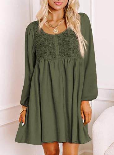 BLENCOT Womens Casual Dresses 2025 Long Sleeve Smocked Button Down Empire Waist A-Line Swing Mini Dress4