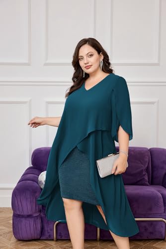 Image of Hanna Nikole Womens Plus Size Chiffon Cocktail Dress Ruffle 3 /4 Sleeve Wedding Guest Party Dresses with High Low Hem