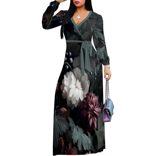 Image of PinkPatty Women's Print Maxi Dresses 3 /4 Sleeve Flowy Long Dress V Neck Wrap Tie Waist Sundress