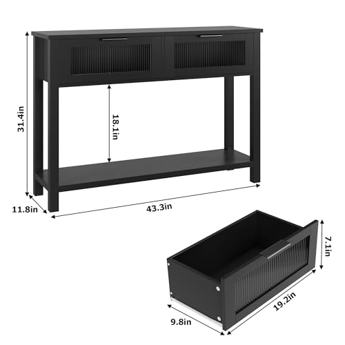 GAOMON Entryway Table, Wood Console Table with 2 Glass Drawers, 2 Tier Sofa Table with Storage for Living Room, Foyer Tables for Entryway-Black