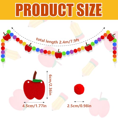 Image of 3 Pcs Back to School Felt Banner Apple Garland Classroom Return to School Pom Pom Ball Colorful Pompom Hanging Banner Hanging Garlands for First Day of School Classroom Decoration