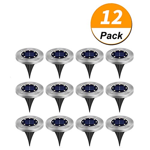 CFKJ 12 Pack Solar Powered Disk Lights, 8LED Solar Pathway Lights Solar Ground