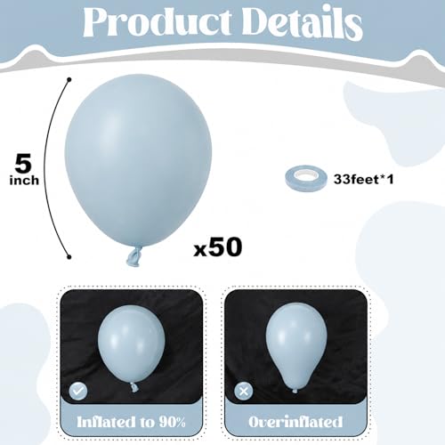 Image of Togvu Dusty Blue Balloons, 50Pack 5 Inch Small Mini Light Blue Aqua Boho Latex Party Balloons for Bridal Baby Shower Gender Reveal Easter Birthday Party Decorations