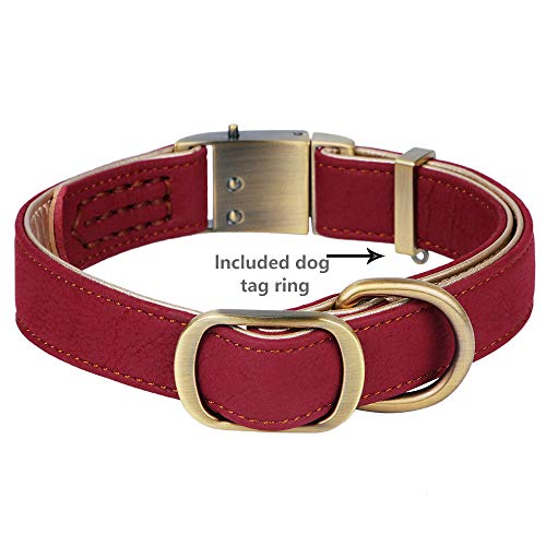 Chede Basic Classic Luxury Padded Leather Dog Collar,The Seatbelt Buckle,For Large Medium Pets (L, Red) #TOP2